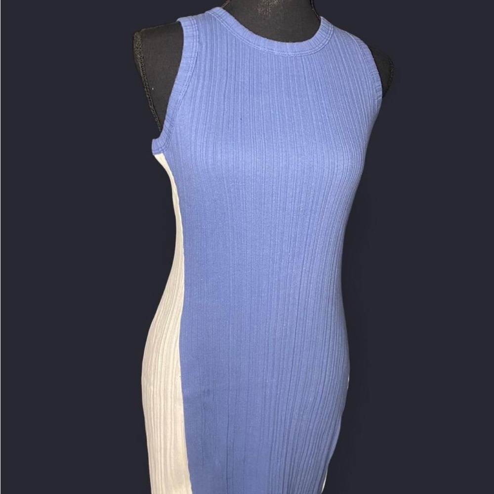 Sleeveless Blue and White Ribbed Dress